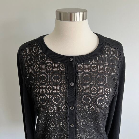 Banana Republic Lace Overlay Cardigan Sweater Black Nude Poly Wool Blend Medium - Picture 2 of 8